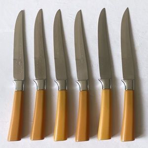 Vintage Yellow Peeredge Regent Sheffield Forever Sharp Steak Knife Set Of 6